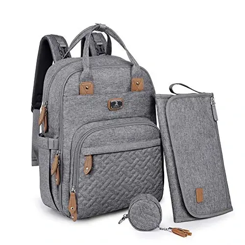 Dikaslon Diaper Bag Backpack with Portable Changing Pad, Pacifier Case and Stroller Straps, Large Unisex Baby Bags for Boys Girls, Multipurpose Travel Back Pack Moms Dads, Gray - DIKASLON