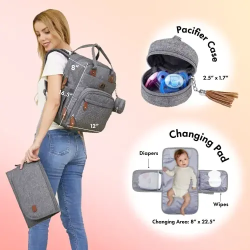 Dikaslon Diaper Bag Backpack with Portable Changing Pad, Pacifier Case and Stroller Straps, Large Unisex Baby Bags for Boys Girls, Multipurpose Travel Back Pack Moms Dads, Gray - DIKASLON (1)