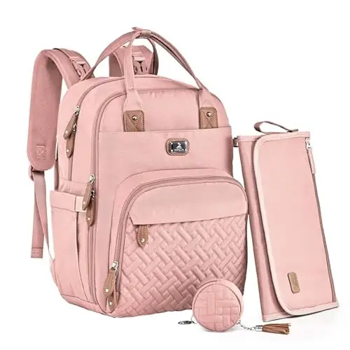 Dikaslon Diaper Bag Backpack with Portable Changing Pad, Pacifier Case and Stroller Straps, Large Unisex Baby Bags for Boys Girls, Multipurpose Travel Back Pack Moms Dads, Pink - 1