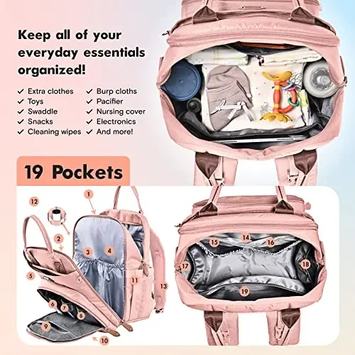 Dikaslon Diaper Bag Backpack with Portable Changing Pad, Pacifier Case and Stroller Straps, Large Unisex Baby Bags for Boys Girls, Multipurpose Travel Back Pack Moms Dads, Pink - DIKASLON (1)