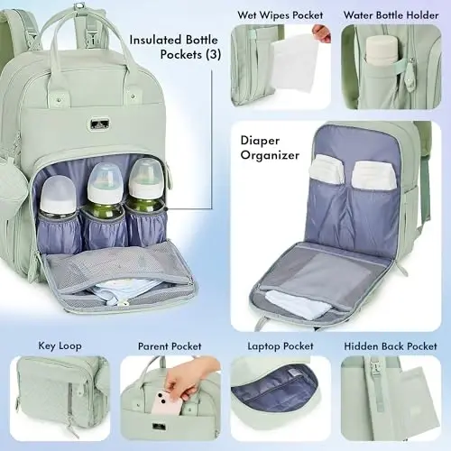 Dikaslon Diaper Bag Backpack Portativ o'zgartirish yostig'i, so'rg'ich qutisi va aravachalar uchun tasmalar bilan, O'g'il qizlar uchun katta unisex bolalar sumkalari, Onalar dadalar uchun ko'p maqsadli sayohat sumkasi, yalpiz yashil - 3
