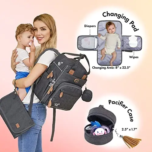 Dikaslon Diaper Bag Backpack with Portable Changing Pad, Pacifier Case and Stroller Straps, Large Unisex Baby Bags for Boys Girls, Multipurpose Travel Back Pack for Moms Dads, Dark Gray - 2