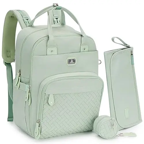Dikaslon Diaper Bag Backpack with Portable Changing Pad, Pacifier Case and Stroller Straps, Large Unisex Baby Bags for Boys Girls, Multipurpose Travel Back Pack for Moms Dads, Mint Green 