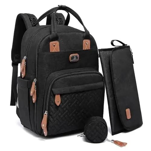 Dikaslon Diaper Bag Backpack with Portable Changing Pad, Pacifier Case and Stroller Straps, Large Unisex Baby Bags for Boys Girls, Multipurpose Travel Back Pack Moms Dads, Black - 1