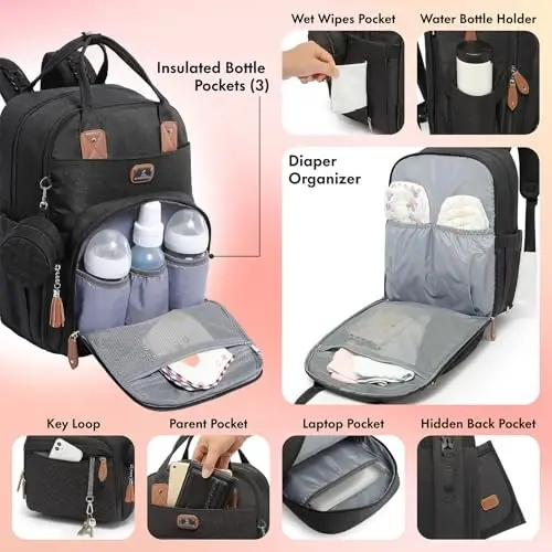 Dikaslon Diaper Bag Backpack with Portable Changing Pad, Pacifier Case and Stroller Straps, Large Unisex Baby Bags for Boys Girls, Multipurpose Travel Back Pack Moms Dads, Black - 4