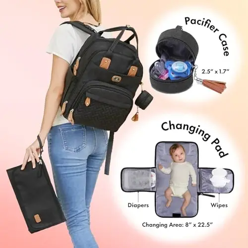 Dikaslon Diaper Bag Backpack with Portable Changing Pad, Pacifier Case and Stroller Straps, Large Unisex Baby Bags for Boys Girls, Multipurpose Travel Back Pack Moms Dads, Black - 2
