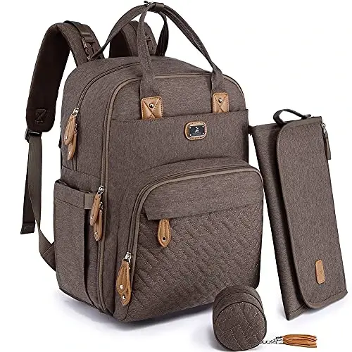 Dikaslon Diaper Bag Backpack with Portable Changing Pad, Pacifier Case and Stroller Straps, Large Unisex Baby Bags for Boys Girls, Multipurpose Travel Back Pack Moms Dads, Brown - 1