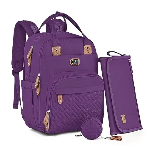 Dikaslon Diaper Bag Backpack with Portable Changing Pad, Pacifier Case and Stroller Straps, Large Unisex Baby Bags for Boys Girls, Multipurpose Travel Back Pack Moms Dads, Purple 