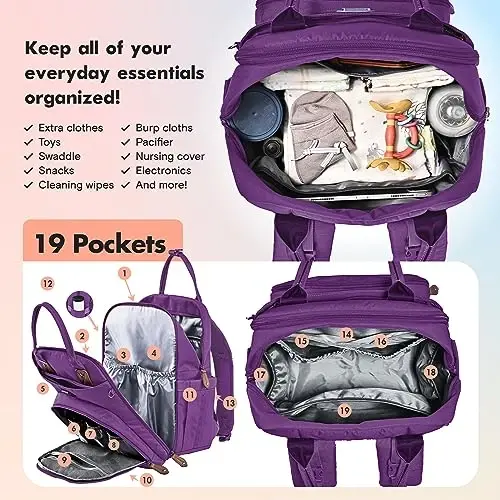 Dikaslon Diaper Bag Backpack with Portable Changing Pad, Pacifier Case and Stroller Straps, Large Unisex Baby Bags for Boys Girls, Multipurpose Travel Back Pack Moms Dads, Purple - 3