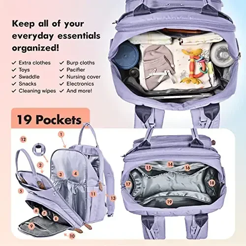 Dikaslon Diaper Bag Backpack with Portable Changing Pad, Pacifier Case and Stroller Straps, Large Unisex Baby Bags for Boys Girls, Multipurpose Travel Back Pack Moms Dads, Taro Purple - 3