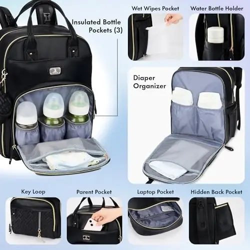 Dikaslon Leather Diaper Bag Backpack with Portable Changing Pad, Pacifier Case and Stroller Straps, Large Unisex Baby Bags for Boys Girls, Multipurpose Travel Back Pack for Moms Dads, Black - 3