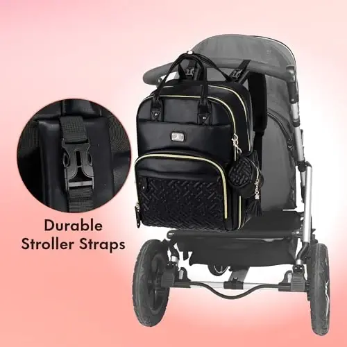 Dikaslon Leather Diaper Bag Backpack with Portable Changing Pad, Pacifier Case and Stroller Straps, Large Unisex Baby Bags for Boys Girls, Multipurpose Travel Back Pack for Moms Dads, Black - 6