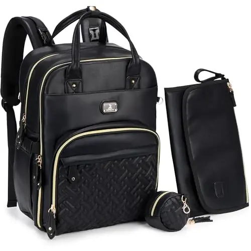 Dikaslon Leather Diaper Bag Backpack with Portable Changing Pad, Pacifier Case and Stroller Straps, Large Unisex Baby Bags for Boys Girls, Multipurpose Travel Back Pack for Moms Dads, Black 