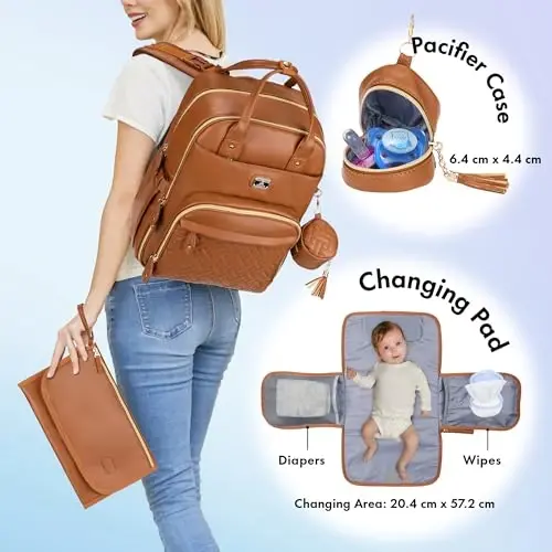 Dikaslon Leather Diaper Bag Backpack with Portable Changing Pad, Pacifier Case and Stroller Straps, Large Unisex Baby Bags for Boys Girls, Multipurpose Travel Back Pack for Moms Dads, Dark Brown - 2