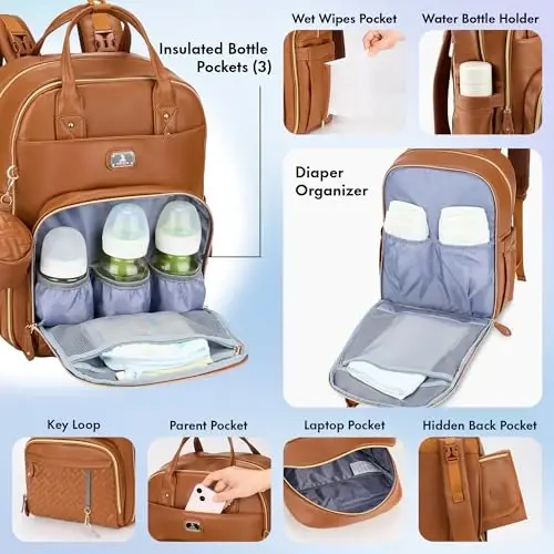 Dikaslon Leather Diaper Bag Backpack with Portable Changing Pad, Pacifier Case and Stroller Straps, Large Unisex Baby Bags for Boys Girls, Multipurpose Travel Back Pack for Moms Dads, Dark Brown - 3