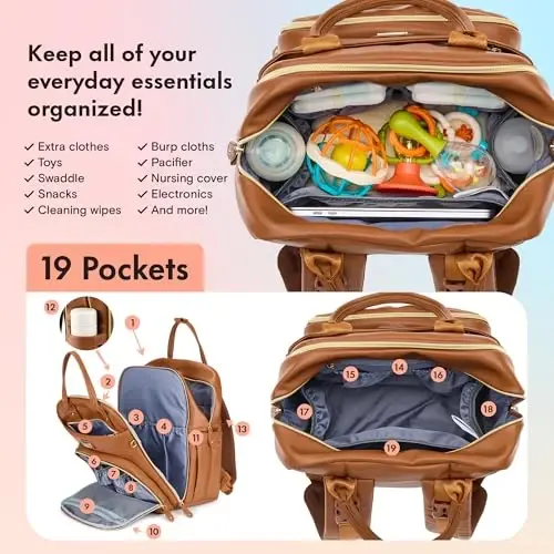 Dikaslon Leather Diaper Bag Backpack with Portable Changing Pad, Pacifier Case and Stroller Straps, Large Unisex Baby Bags for Boys Girls, Multipurpose Travel Back Pack for Moms Dads, Dark Brown - 4