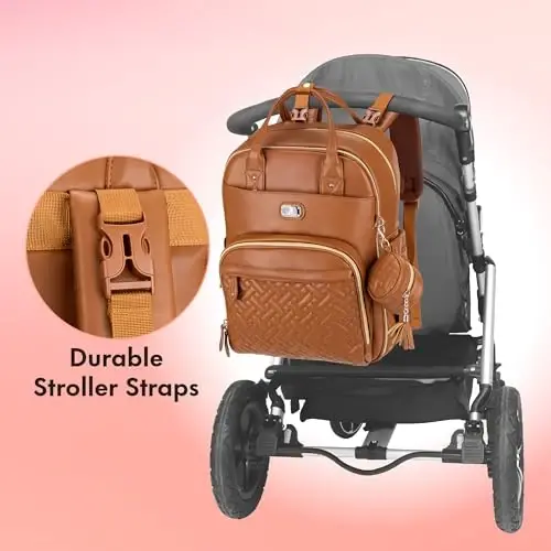 Dikaslon Leather Diaper Bag Backpack with Portable Changing Pad, Pacifier Case and Stroller Straps, Large Unisex Baby Bags for Boys Girls, Multipurpose Travel Back Pack for Moms Dads, Dark Brown - 6