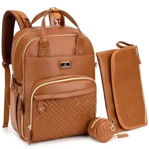 Dikaslon Leather Diaper Bag Backpack with Portable Changing Pad, Pacifier Case and Stroller Straps, Large Unisex Baby Bags for Boys Girls, Multipurpose Travel Back Pack for Moms Dads, Dark Brown - DIKASLON
