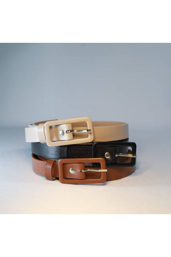 Dikdörtgen Kaplama Tokalı Ince Kadın Pantolon Kemeri, Ceket Kemeri, Gömlek Kemeri-BEJ - 5