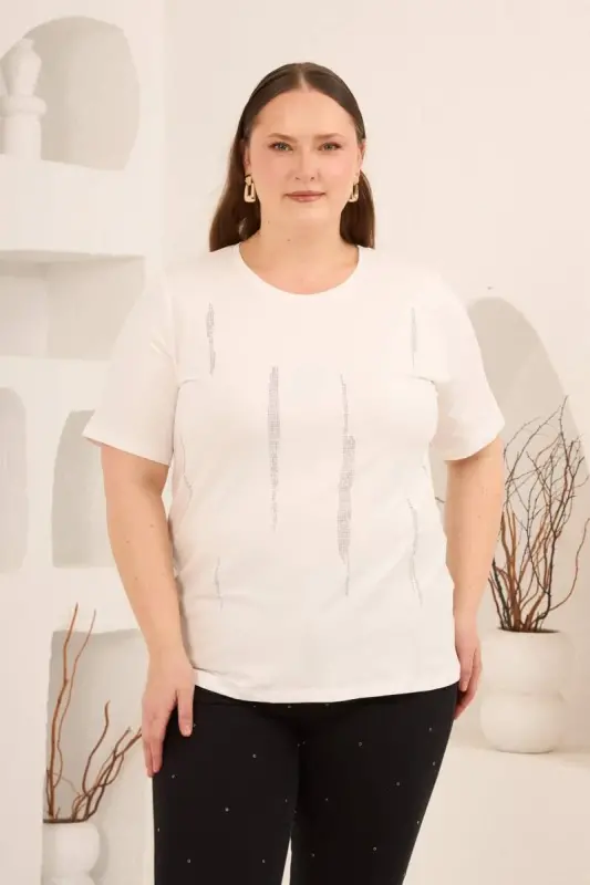 Dikey Taş Baskıl Kadın Büyük Beden Tişört Ekru - BÜYÜKBEDENIZ