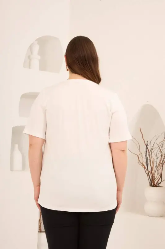 Dikey Taş Baskıl Kadın Büyük Beden Tişört Ekru - 4