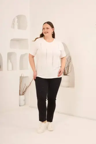 Dikey Taş Baskıl Kadın Büyük Beden Tişört Ekru - 5