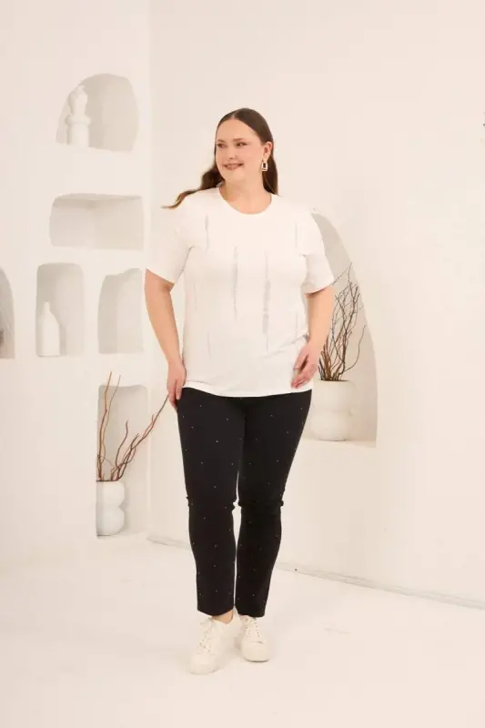 Dikey Taş Baskıl Kadın Büyük Beden Tişört Ekru - 5