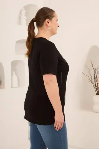 Dikey Taş Baskıl Kadın Büyük Beden Tişört Siyah - 3