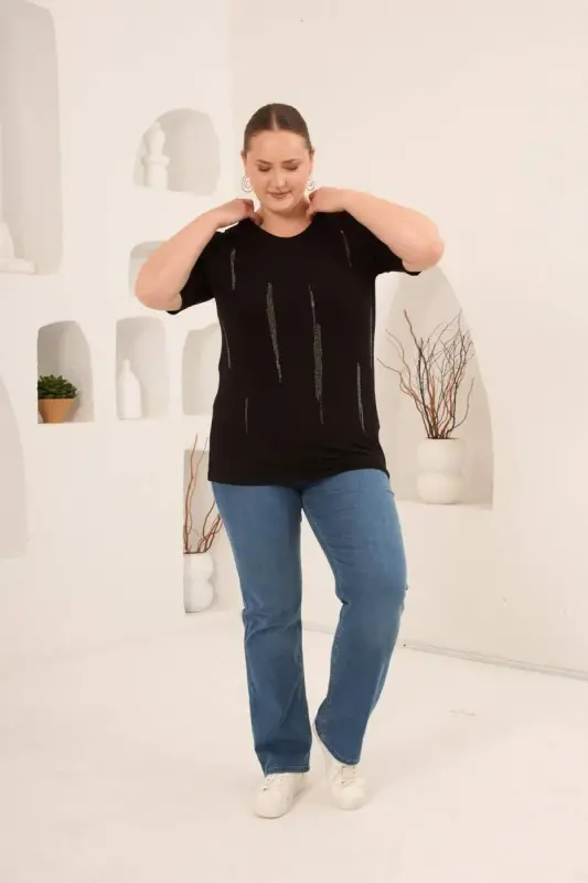 Dikey Taş Baskıl Kadın Büyük Beden Tişört Siyah - 4