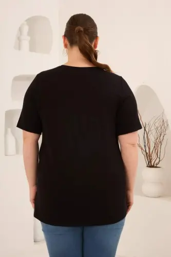 Dikey Taş Baskıl Kadın Büyük Beden Tişört Siyah - 5