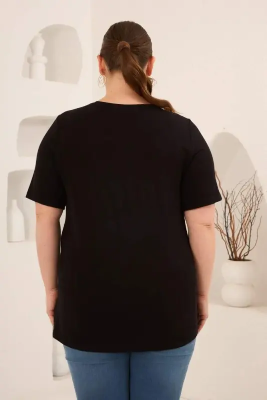 Dikey Taş Baskıl Kadın Büyük Beden Tişört Siyah - 5
