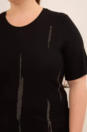 Dikey Taş Baskıl Kadın Büyük Beden Tişört Siyah - BÜYÜKBEDENIZ (1)