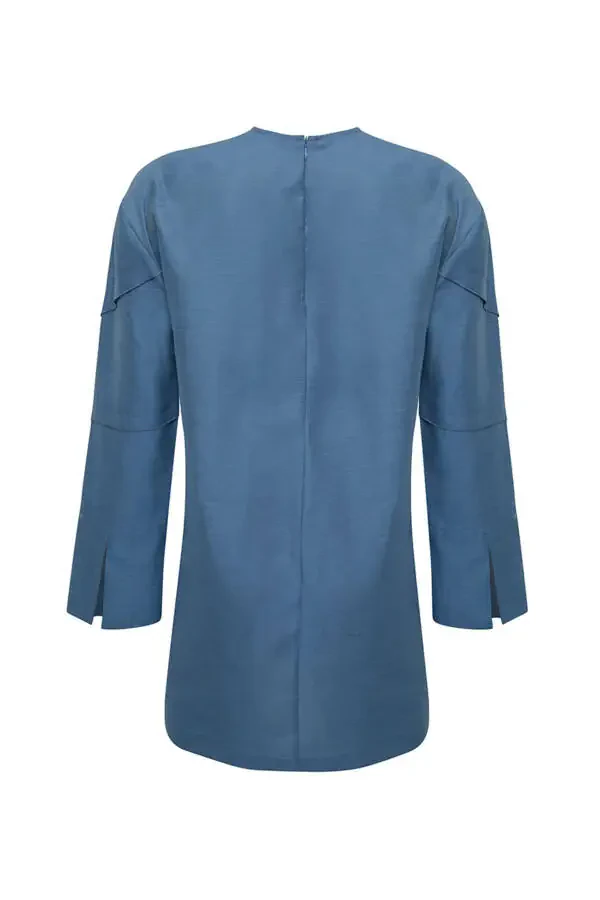 Dikiş Detaylı V Yaka Tunik-İndigo - 3