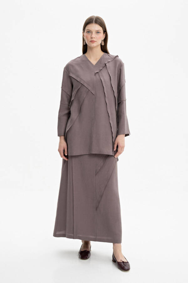Dikiş Detaylı V Yaka Tunik - Vizon - 2