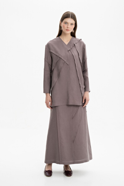 Dikiş Detaylı V Yaka Tunik - Vizon - 3