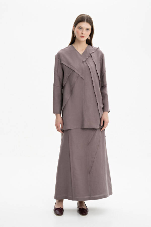 Dikiş Detaylı V Yaka Tunik - Vizon - 3