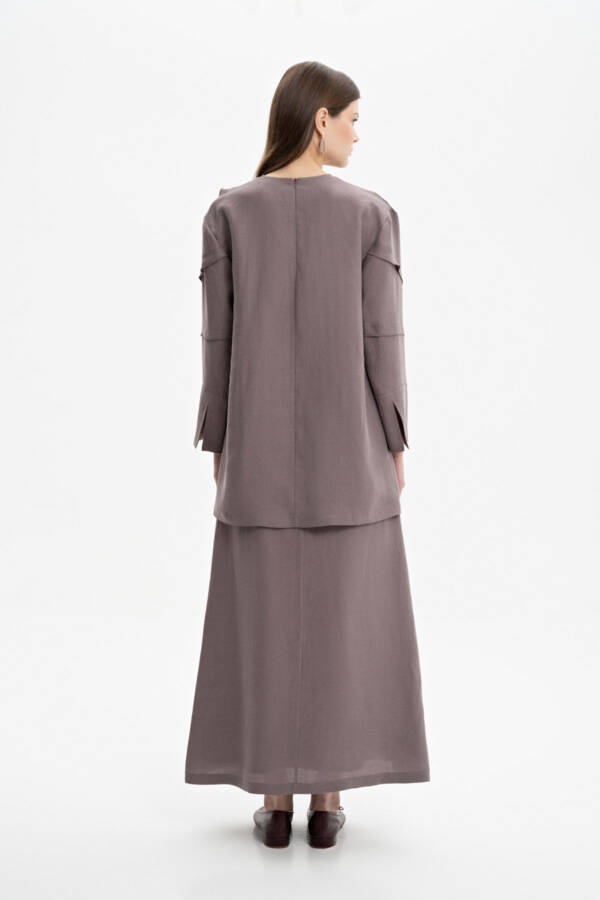 Dikiş Detaylı V Yaka Tunik - Vizon - 5