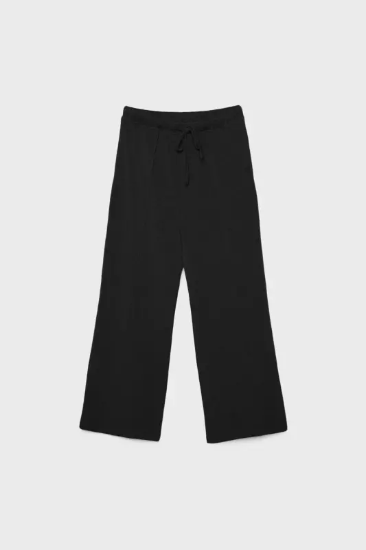 Dikiş detaylı ve yumuşak dokulu geniş paça pantolon-Siyah - 5