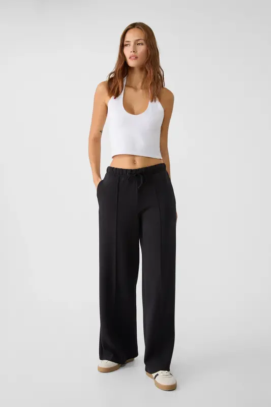 Dikiş detaylı ve yumuşak dokulu geniş paça pantolon-Siyah - 2