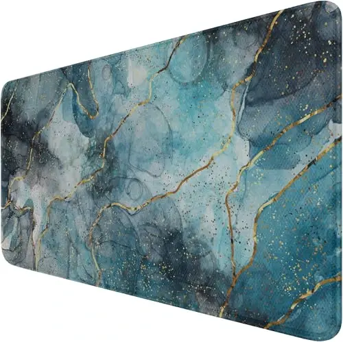 Large Mouse Pad with Stitched Edges, (35.4X15.7In) Durable Non-Slip Natural Rubber Base, Waterproof Computer Keyboard Pad Mat for Esports Pros/Gamer/Desktop/Office/Home, MarbleBlue 