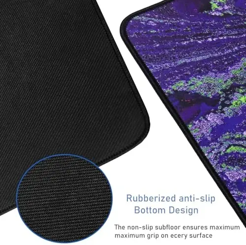 Large Mouse Pad with Stitched Edges, Durable Non-Slip Natural Rubber Base, Waterproof Computer Keyboard Pad Mat for Esports Pros/Gamer/Desktop/Office/Home - Purple Green - 3