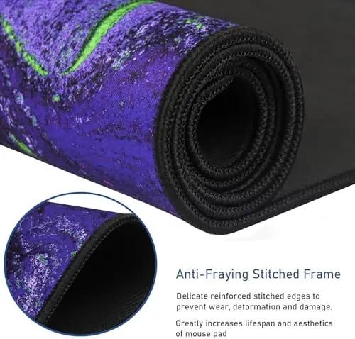 Large Mouse Pad with Stitched Edges, Durable Non-Slip Natural Rubber Base, Waterproof Computer Keyboard Pad Mat for Esports Pros/Gamer/Desktop/Office/Home - Purple Green - 2