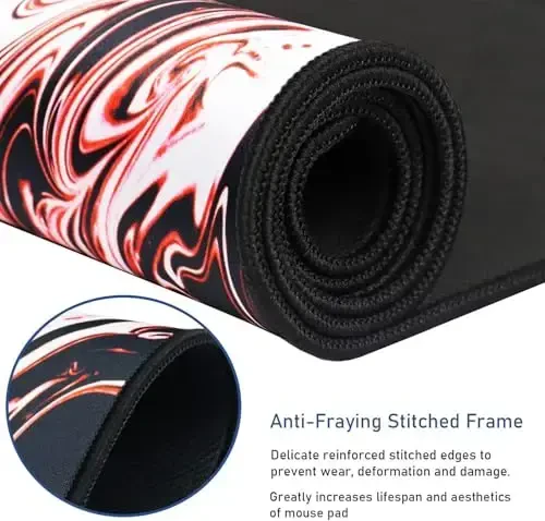 Large Extended Mouse Pad with Stitched Edges, Durable Non-Slip Natural Rubber Base, Waterproof Computer Keyboard Pad Mat for Esports Pros/Gamer/Desktop/Office/Home - Marble Red - 2