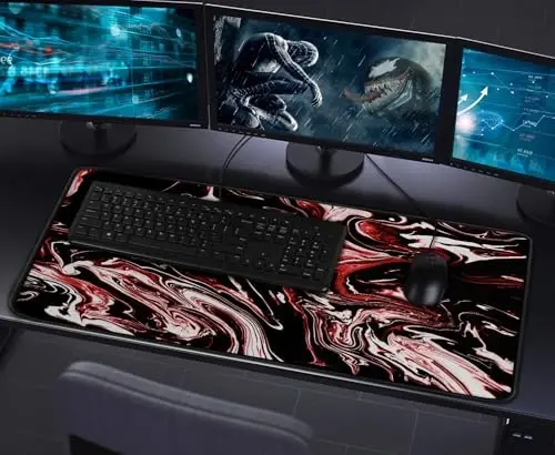 Large Extended Mouse Pad with Stitched Edges, Durable Non-Slip Natural Rubber Base, Waterproof Computer Keyboard Pad Mat for Esports Pros/Gamer/Desktop/Office/Home - Marble Red - 7