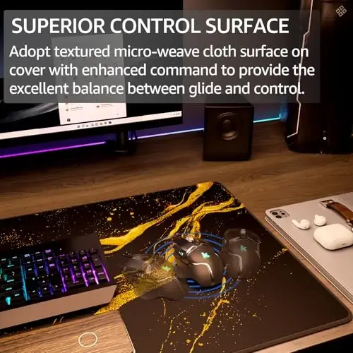 KTRIO Large Gaming Mouse Pad Desk Mat, Superior Micro-Weave Cloth, Non-Slip Rubber Base, Stitched Edges, Water-Resistant, for Gamer, Office & Home, 31.5 x 15.7 Inch， Black Gold - KTRIO (1)