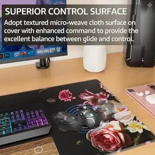 KTRIO Large Gaming Mouse Pad with Stitched Edges, Extended Mousepad with Superior Micro-Weave Cloth, Non-Slip Base, Water Resist Keyboard Pad for Gamer, Office & Home, 31.5x15.7in, Peony Flower - 2