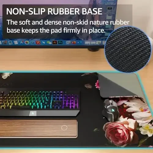 KTRIO Large Gaming Mouse Pad with Stitched Edges, Extended Mousepad with Superior Micro-Weave Cloth, Non-Slip Base, Water Resist Keyboard Pad for Gamer, Office & Home, 31.5x15.7in, Peony Flower - 4