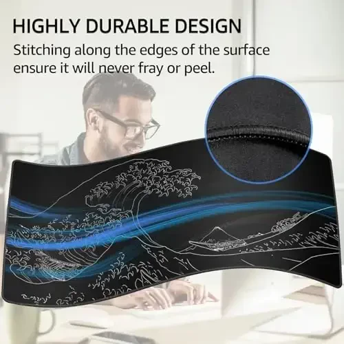 KTRIO Large Gaming Mouse Pad with Stitched Edges, Extended Mousepad with Superior Micro-Weave Cloth, Non-Slip Base, Water Resist Keyboard Pad for Gamer, Office & Home, 31.5x15.7in, Kanagawa Wave - 3