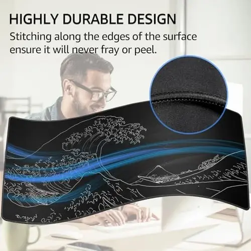 KTRIO Large Gaming Mouse Pad Desk Mat, Superior Micro-Weave Cloth, Non-Slip Rubber Base, Stitched Edges, Water-Resistant, for Gamer, Office & Home, 31.5 x 15.7 Inch，Kanagawa Wave - 3