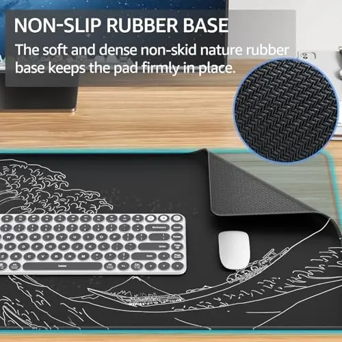 KTRIO Large Gaming Mouse Pad Desk Mat, Superior Micro-Weave Cloth, Non-Slip Rubber Base, Stitched Edges, Water-Resistant, for Gamer, Office & Home, 31.5 x 15.7 Inch，Kanagawa Wave - 4